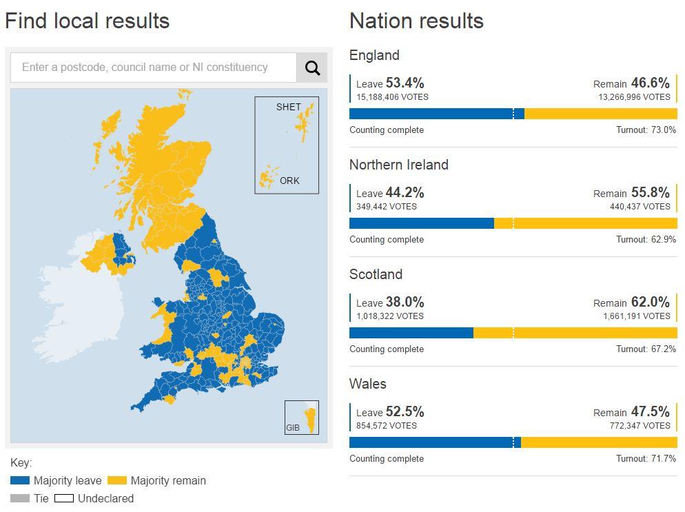 La carte des résultats définitifs du vote sur le Brexit. [BBC - BBC]