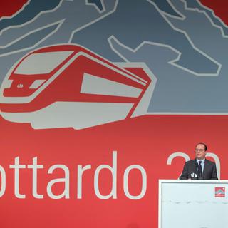 Discours de François Hollande lors de l'inauguration du tunnel de base du Gothard, le 1er juin 2016. [Keystone - Pablo Gianinazzi]