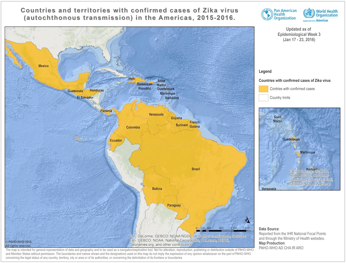 Les données de l'OMS sur les pays touchés par le virus Zika (état au 29 janvier 2016).