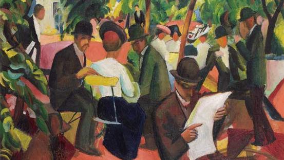 August Macke, Gartenrestaurant, 1912, Öl auf Leinwand, 81 x 105 cm, Hermann und Margrit Rupf-Stiftung. [Kunstmuseum Bern]