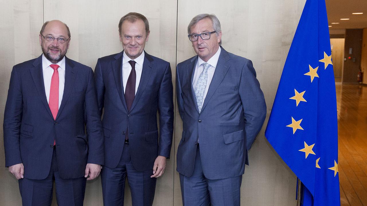 Martin Schulz, Donald Tusk ET Jean-Claude Juncker (ici en juin 2015). [AFP - John Thys]