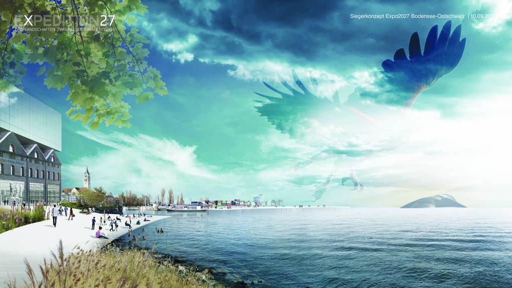 Une image virtuelle du premier concept de l'Exposition nationale de 2027 en Suisse orientale. [Keystone - Hosoya Schaefer Architects/Plinio Bachmann/Studio Vulkan]