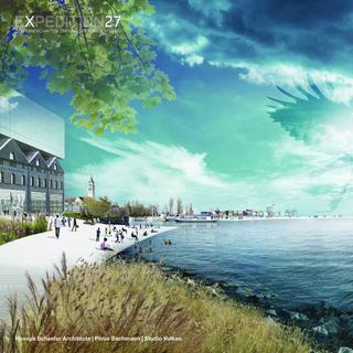 Une image virtuelle du premier concept de l'Exposition nationale de 2027 en Suisse orientale. [Keystone - Hosoya Schaefer Architects/Plinio Bachmann/Studio Vulkan]