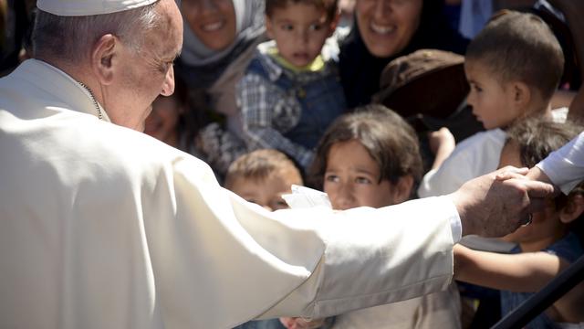 Le pape François au camp de Moria, sur l'île de Lesbos, en Grèce.