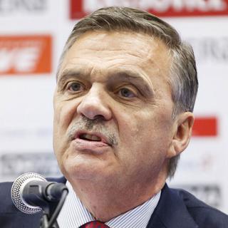René Fasel, président de l'IIHF, lors d'une conférence de presse, le 6 mai 2016 à Moscou. [Keystone - Salvatore Di Nolfi]