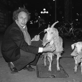L'acteur français Pierre Richard pose avec des chèvres devant un cinéma de Nice, le 7 décembre 1981, lors de la présentation du film "La Chèvre" de Francis Veber. [AFP - Ralph Gatti]