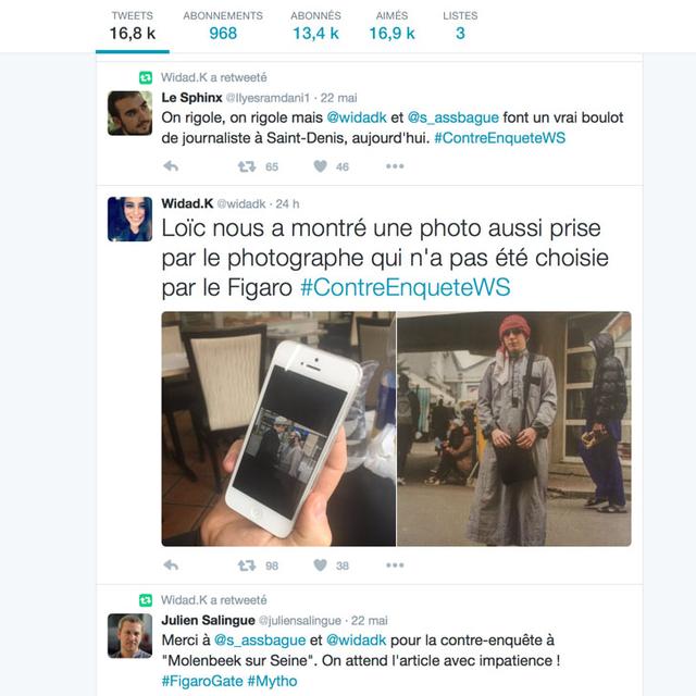 Capture d'écran du compte Twitter de la journaliste Widad K qui a mené de la contre-enquête #ContreenqueteWS.