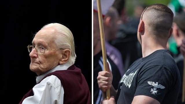 À gauche, Oskar Gröning, l'ancien comptable d'Auschwitz, condamné à quatre ans de prison le 15 juillet 2015 à l'âge de 94 ans. À droite, un militant néo-nazi lors d'une marche d'extrême-droite le 26 avril 2014 à Berlin. [AFP / DPA - Hannibal Hanschke]