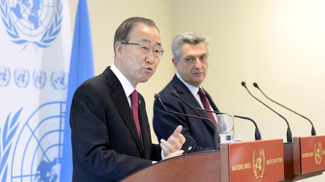 Le Secrétaire général de l'ONU Ban Ki-moon et la Haut commissaire aux réfugiés Filippo Grandi. [Martial Trezzini]