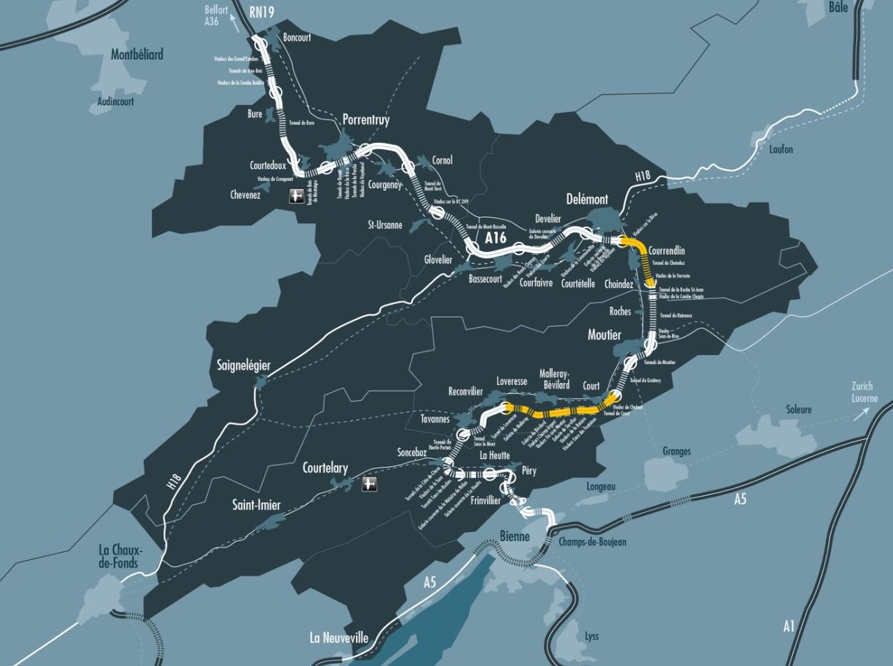 Le tracé de la Transjurane avec en jaune les deux derniers tronçons qui doivent encore être ouverts. [a16.ch]