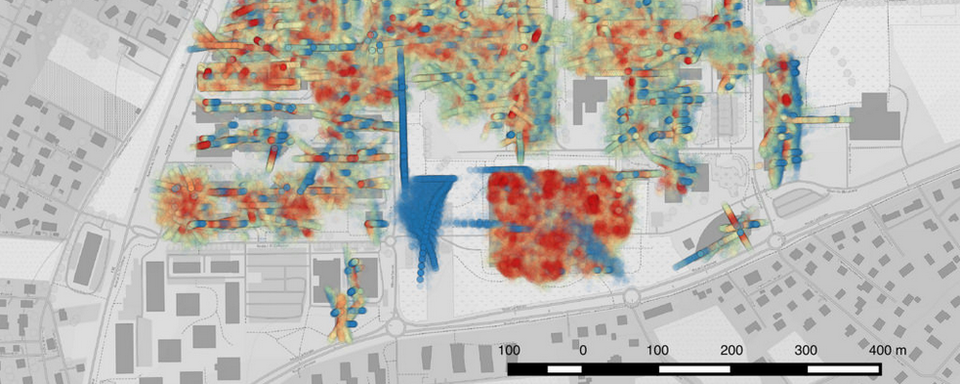 Précision de la localisation grâce au wifi sur le campus de l'EPFL. [OpenStreetMap contributors, CC BY-SA - Antonin Danalet]