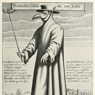 Un médecin de la peste avec son masque de protection que l'on trouve dès le 14e siècle. [Musée Alexis Forel]