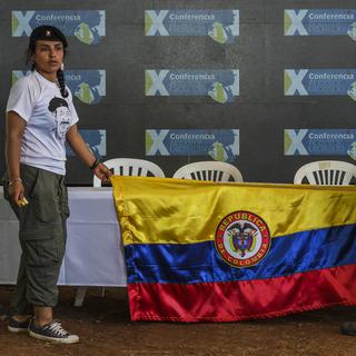 Des membres des Forces armées révolutionnaires de Colombie (Farc) avant la conférence de presse du 23 septembre 2016.