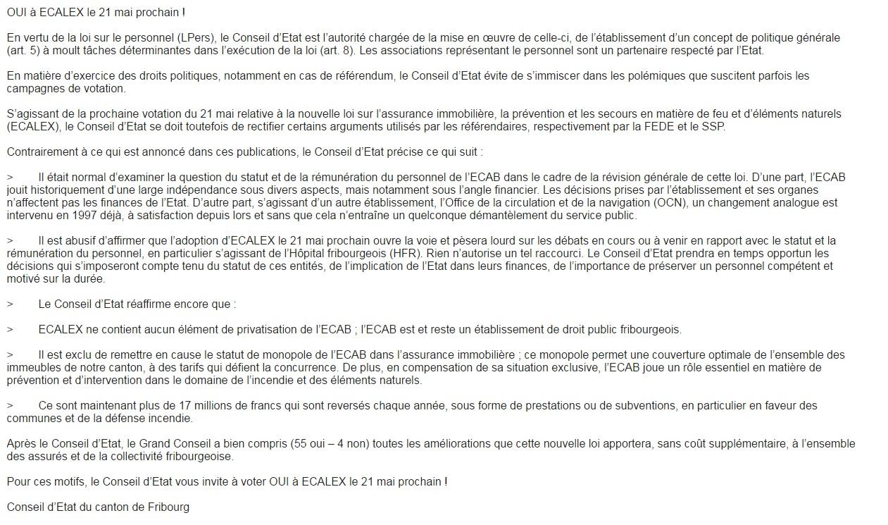Capture du courrier électronique envoyé par l'Etat de Fribourg à son personnel, l'appelant à voter oui à Ecalex le 21 mai prochain.
