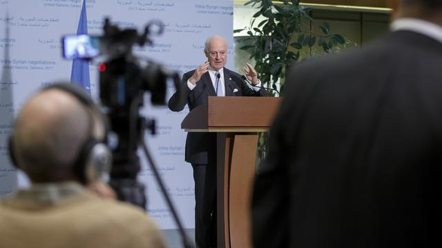 Staffan de Mistura vendredi au Palais des Nations à Genève. [Keystone - Salvatore Di Nolfi]