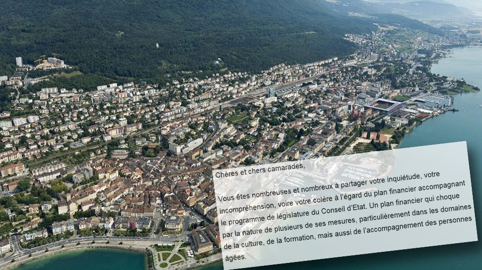 La note interne du PS neuchâtelois avec, en arrière-fond, la ville de Neuchâtel. [Keystone - Alessandro Della Bella]