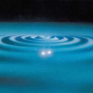 Vue d'artiste d'une onde gravitationnelle engendrée par un système de deux Etoiles a neutron, se propageant sur le tissu de l'espace–temps.
L.Bret/Leemage
AFP [L.Bret/Leemage]