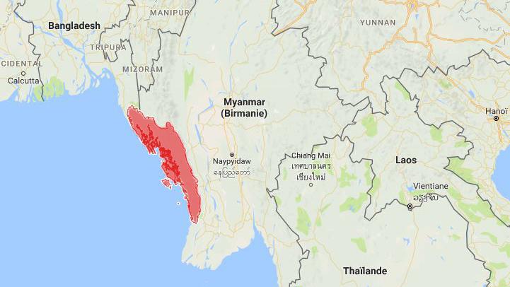 Les Rohingyas vivent majoritairement dans le nord de l'Etat birman d'Arakan (en rouge), frontalier du Bangladesh. [Google Maps - Kottelat, Didier (RTS)]