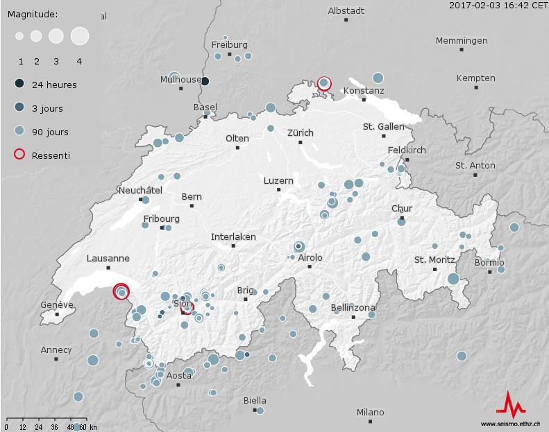 Tous les séismes enregistrés en Suisse durant les 90 derniers jours ont été répertoriés sur la carte. [Service sismologique suisse.]