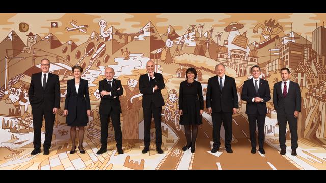 La photo officielle 2018 du Conseil fédéral, intitulée "Bundesart - la photo artistique du Conseil fédéral". [Michel Cotting - Stéphane Schmutz]