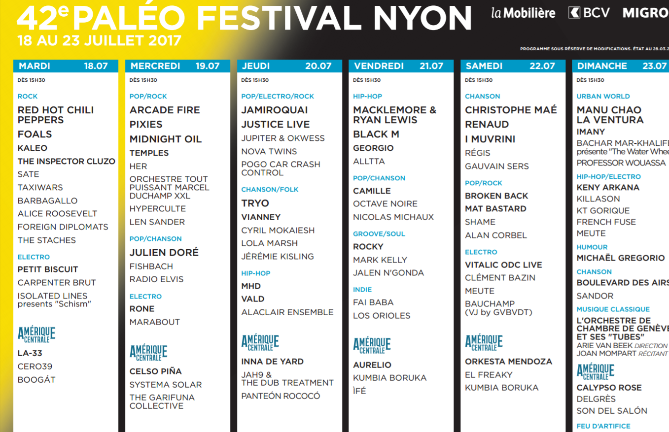 Le programme du 42e Paléo Festival Nyon. [www.paleo.ch]