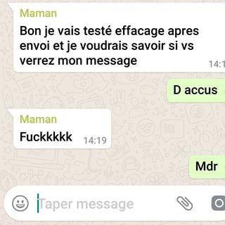 Echanges sur Whatsapp pour illustrer la nouvelle fonction qui permet de supprimer un message. [DR]