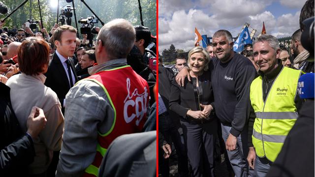 Marine Le Pen a grillé la priorité à Emmanuel Macron en allant à la rencontre des employés de l'usine Whirlpool, à Amiens, quelques heures avant sa visite. [keystone]