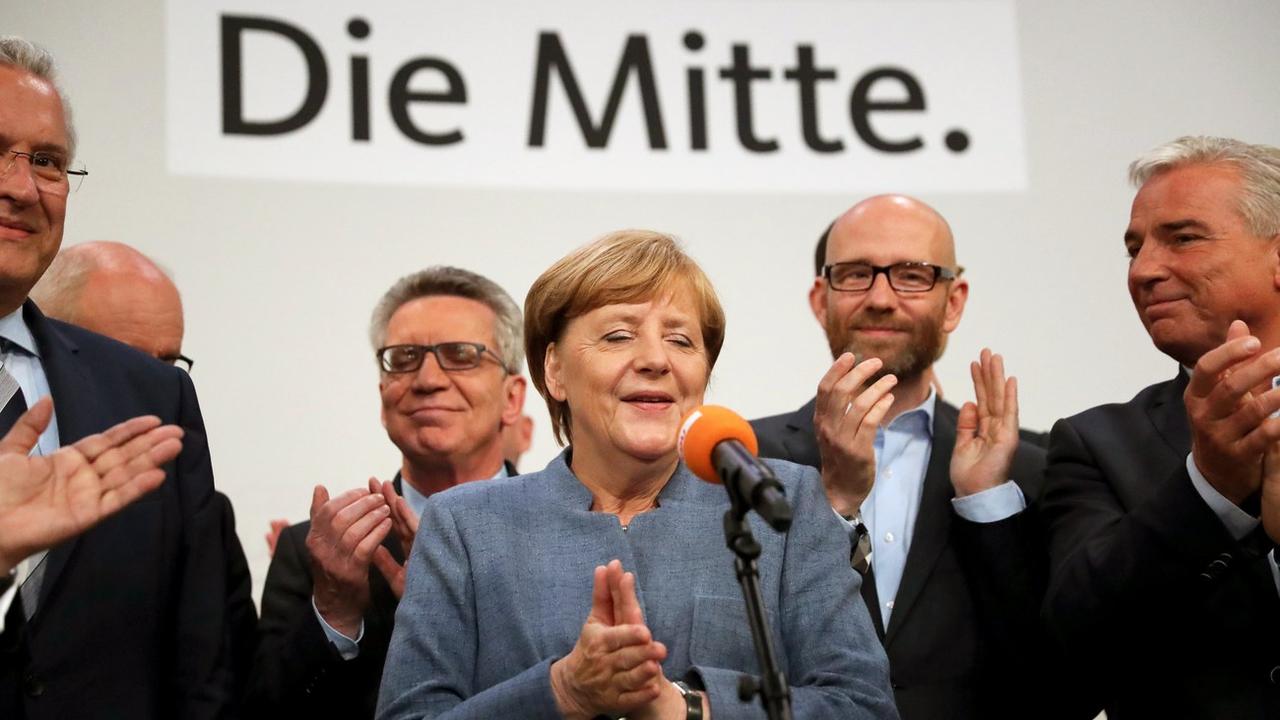 Angela Merkel au soir des législatives allemandes. [Keystone - EPA/Carsten Koall]