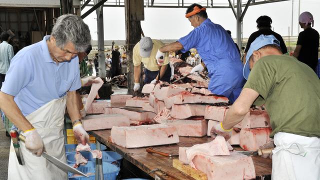 Des pêcheurs coupent en tranches de la viande de baleine. Image d'archive datant de 2008. [AFP - Yoshizaku Tsuno]