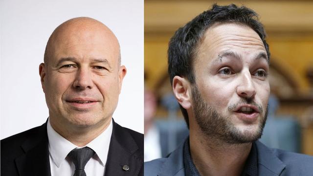 Les conseillers nationaux Fabio Regazzi (PDC/TI) et Mathias Reynard (PS/VS). [Keystone - Gaëtan Bally - Peter Klaunzer]