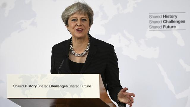 La Première ministre britannique Theresa May lors de son discours à Florence. [Keystone - Jeff J. Mitchell/AP]