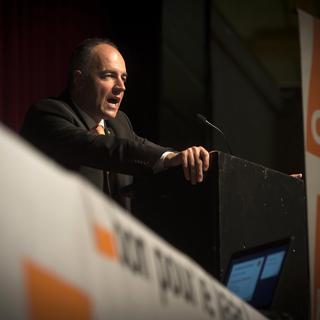 Christophe Darbellay devant le congrès du PDC du Valais romand le 12.05.2016 à Conthey. [Keystone - Olivier Maire]