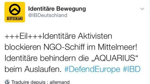 Génération identitaire, un mouvement d’extrême droite, milite pour empêcher le sauvetage en mer des migrants. [DR]