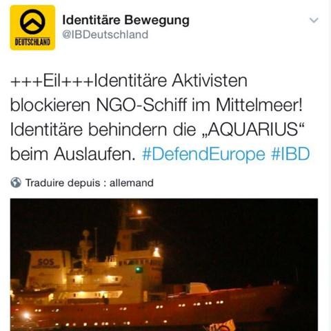 Génération identitaire, un mouvement d’extrême droite, milite pour empêcher le sauvetage en mer des migrants. [DR]