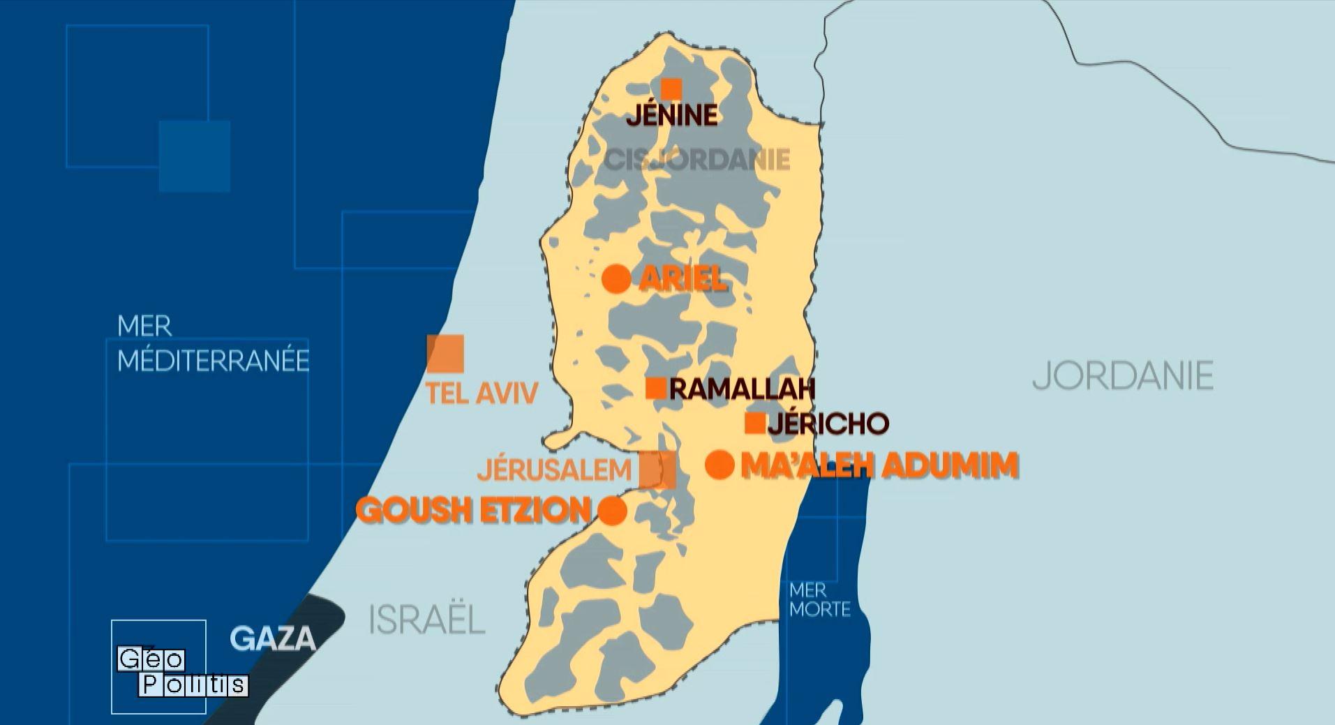 Carte de la Cisjordanie, avec les zones sous contrôle israélien, y compris les colonies (en jaune) et les zones sous contrôle totale ou partiel palestinien (en gris). [RTS- DR]