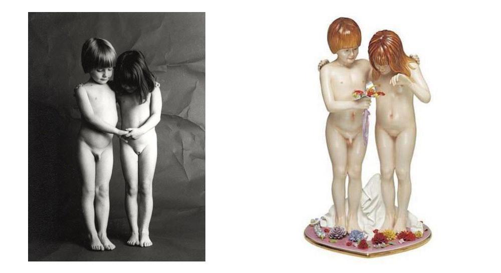 La photo "Enfants" de Jean-François Bauret et la sculpture "Naked" de Jeff Koons. [Jean-François Bauret/ Jeff Koons]