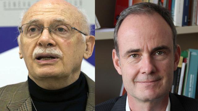 Alexandre Casella, ancien directeur du Haut Commissariat des Nations unies pour les réfugiés (HCR) et Gilles Carbonnier, professeur à l'Institut de hautes études internationales et du développement. [Keystone - RTS]