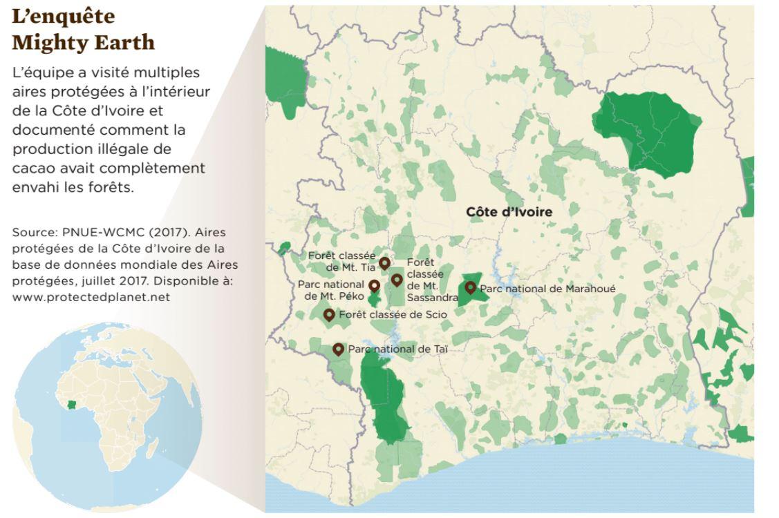La carte des zones concernées en Côte d'Ivoire. [Mighty Earth]
