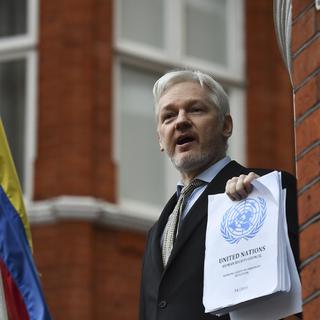 Julian Assange exhibe un document depuis l'ambassade de l'Equateur à Londres. [AFP - Ben Stansall]