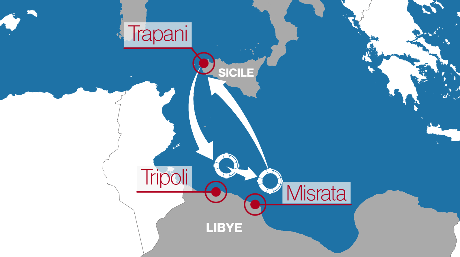 Le parcours du bateau Vos Hestia, de l'ONG Save the children, entre la Sicile et la Libye. [RTS]
