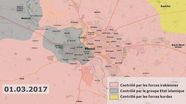 La carte de la situation à Mossoul le 1er mars. [Kami888]