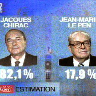 Capture vidéo faite le 05 mai 2002 du résultat du deuxième tour de l'élection présidentielle opposant Jacques Chirac à Jean-Marie Le Pen.
DSK
AFP [AFP - DSK]