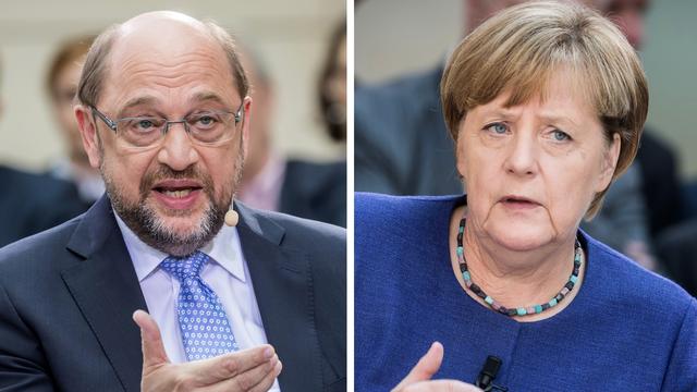 Martin Schulz et Angela Merkel, le duel des législatives allemandes. [afp - Michael Kappeler]