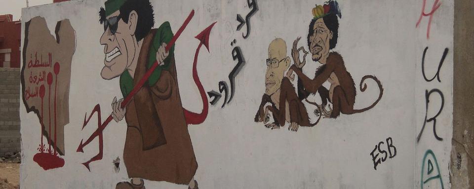 Caricature de Mouammar Kadhafi à Benghazi, fief de la contestation, en juin 2011.