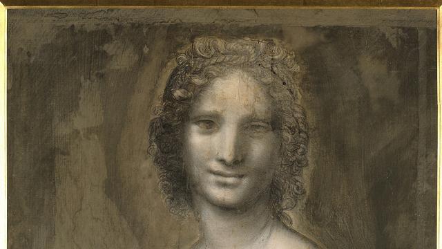 "Etude de nu féminin probablement la Joconde". Buste dénudé suppose Mona Lisa (ou Monna Lisa). Dessin sur papier brun a la pierre noire de l'ecole de Leonard de Vinci (Leonardo da Vinci) (1452-1519). [Leemage/AFP - Photo Josse]