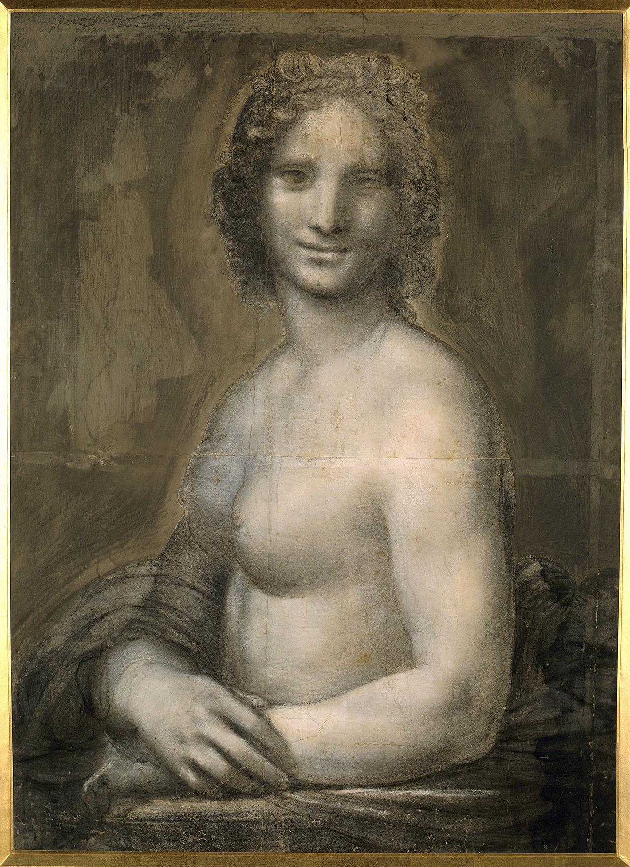 "Etude de nu féminin probablement la Joconde". Buste dénudé suppose Mona Lisa (ou Monna Lisa). Dessin sur papier brun a la pierre noire de l'ecole de Leonard de Vinci (Leonardo da Vinci) (1452-1519). [Leemage/AFP - Photo Josse]