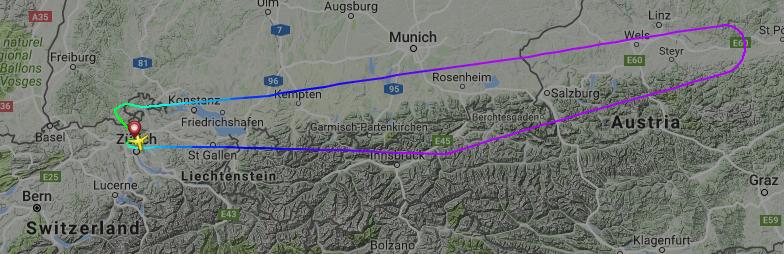 Le vol inaugural avorté du nouvel avion qui a fait demi-tour au dessus de l'Autriche. [Flighradar24]