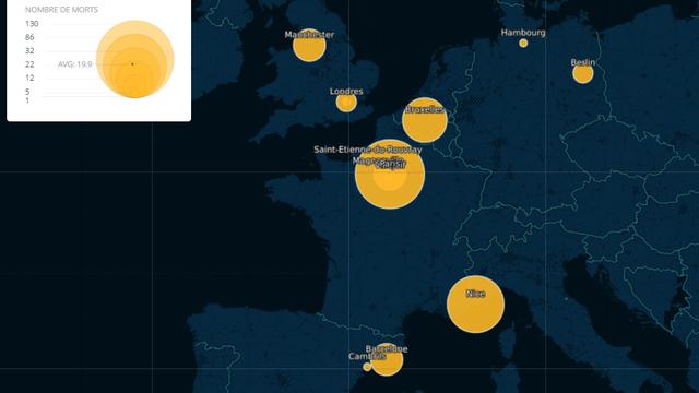 La carte des attentats djihadistes en Europe de l'Ouest depuis 2015.