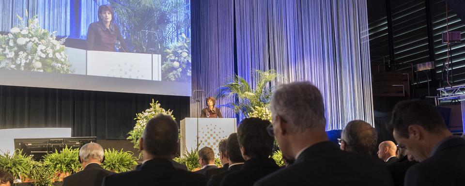 Doris Leuthard a présidé à l'ouverture de la première conférence nationale sur le numérique, le 20 novembre à Bienne. [Keystone - Marcel Bieri]