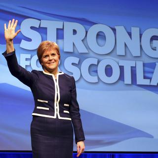 Nicola Sturgeon, Première ministre d'Ecosse et chef du Parti national écossais lors de la Conférence du SNP à Aberdeen. [Keystone - Andrew Milligan/PA via AP]